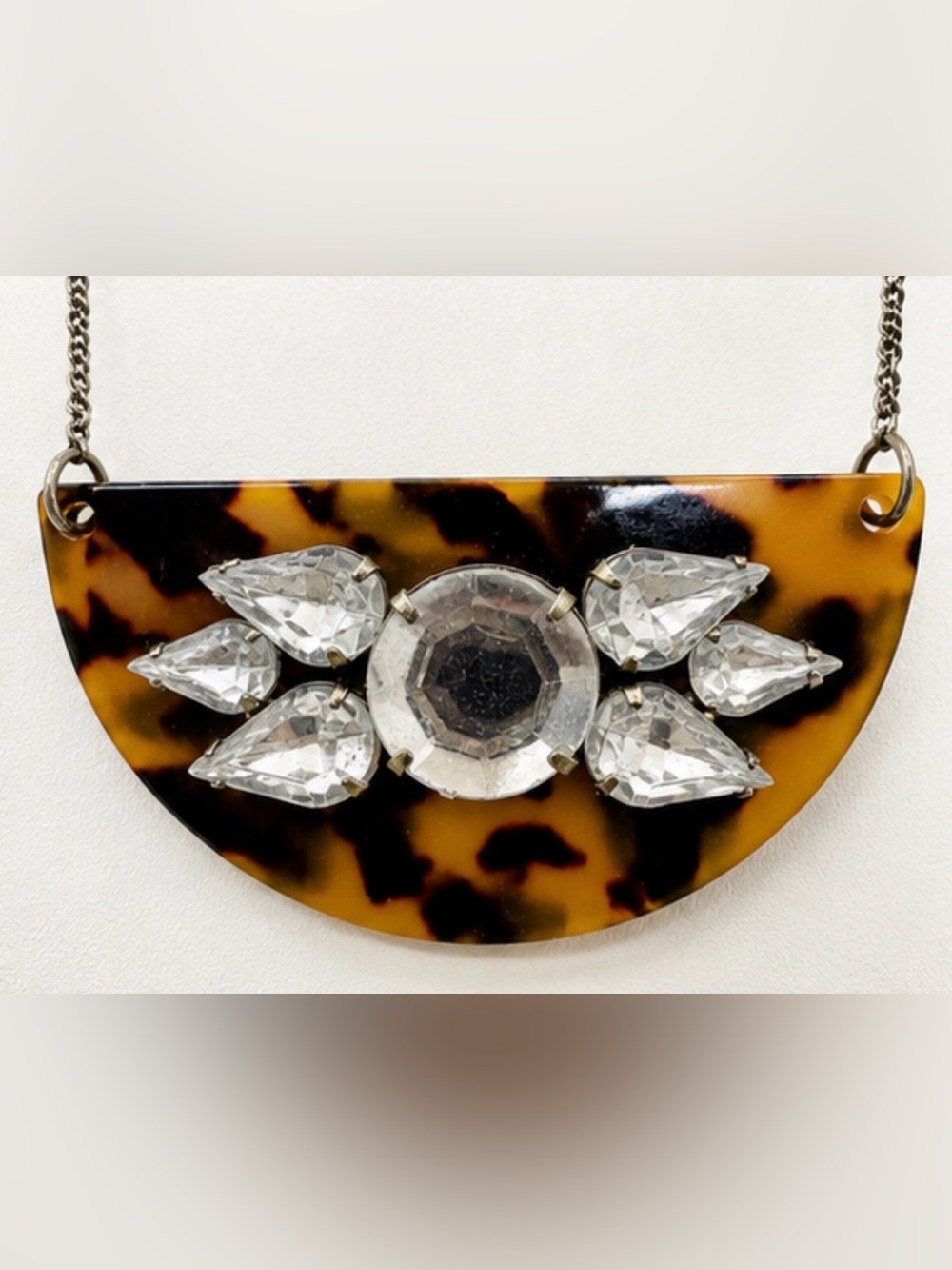 Tortoiseshell Statement Necklace with Rhinestone Accent | Adjustable 11.5”-13.5”